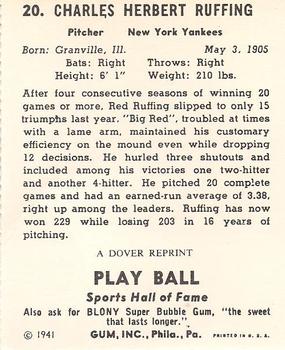 1978 Dover Publications Hall of Fame Cards Reprints #20 Red Ruffing Back
