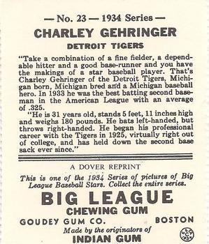 1978 Dover Publications Hall of Fame Cards Reprints #23 Charlie Gehringer Back