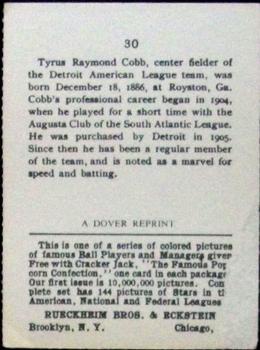 1978 Dover Publications Hall of Fame Cards Reprints #30 Ty Cobb Back