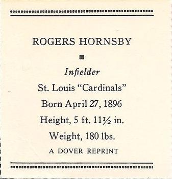 1978 Dover Publications Hall of Fame Cards Reprints #NNO Rogers Hornsby Back