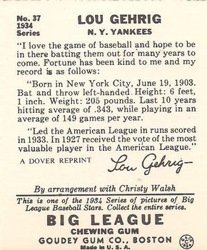 1978 Dover Publications Hall of Fame Cards Reprints #37 Lou Gehrig Back