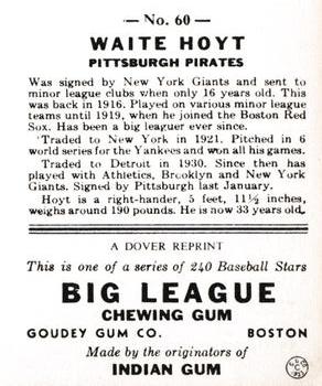 1978 Dover Publications Hall of Fame Cards Reprints #60 Waite Hoyt Back