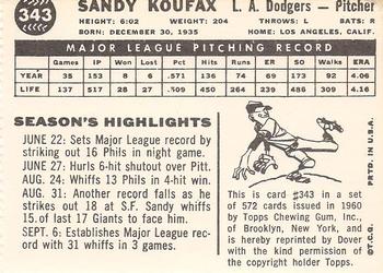 1978 Dover Publications Hall of Fame Cards Reprints #343 Sandy Koufax Back