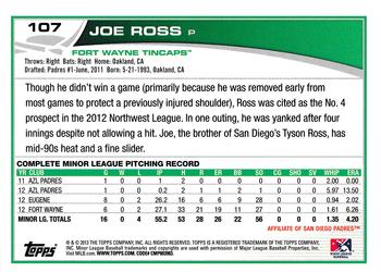 2013 Topps Pro Debut #107 Joe Ross Back