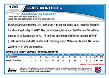 2013 Topps Pro Debut #126 Luis Mateo Back