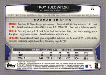 2013 Bowman Chrome #36 Troy Tulowitzki Back