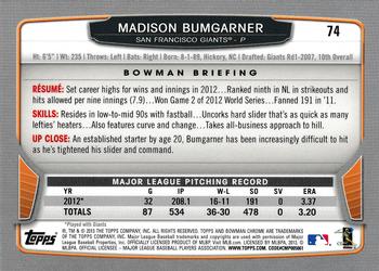 2013 Bowman Chrome #74 Madison Bumgarner Back