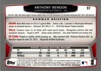 2013 Bowman Chrome #97 Anthony Rendon Back