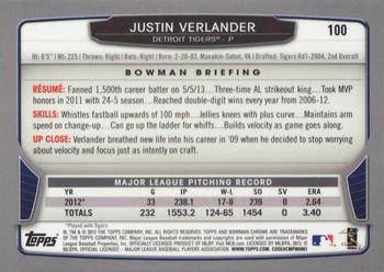 2013 Bowman Chrome #100 Justin Verlander Back