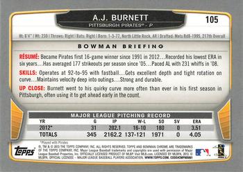 2013 Bowman Chrome #105 A.J. Burnett Back