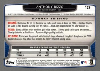 2013 Bowman Chrome #129 Anthony Rizzo Back
