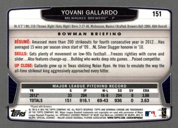 2013 Bowman Chrome #151 Yovani Gallardo Back