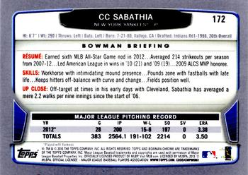 2013 Bowman Chrome #172 CC Sabathia Back