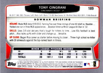 2013 Bowman Chrome #189 Tony Cingrani Back