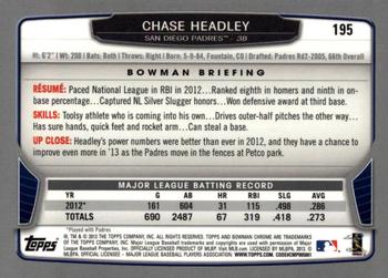 2013 Bowman Chrome #195 Chase Headley Back