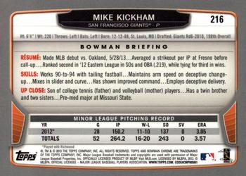 2013 Bowman Chrome #216 Mike Kickham Back