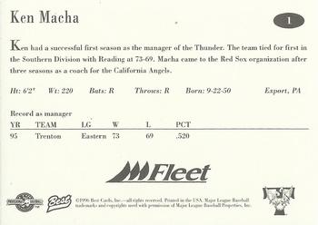 1996 Best Trenton Thunder #1 Ken Macha Back