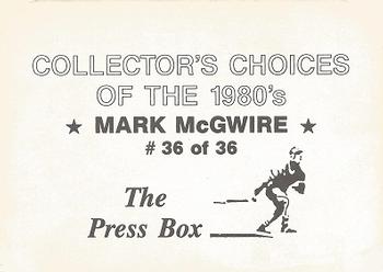 1987 The Press Box Collector's Choices of the 1980's (unlicensed) #36 Mark McGwire Back