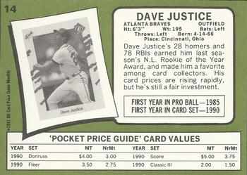 1991 SCD Baseball Card Price Guide Monthly #14 Dave Justice Back