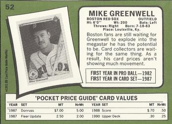 1991 SCD Baseball Card Price Guide Monthly #52 Mike Greenwell Back