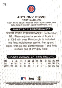 2013 Finest #72 Anthony Rizzo Back