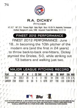 2013 Finest #74 R.A. Dickey Back