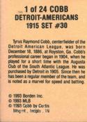 1993 Cracker Jack 1915 Replicas #1 Ty Cobb Back