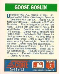 1989 Score Hottest 100 Rising Stars - Rookies to Remember #3 Goose Goslin Back