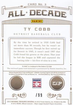 2012 Panini National Treasures - All Decade Materials #3 Ty Cobb Back