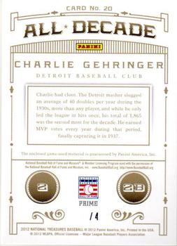2012 Panini National Treasures - All Decade Materials Prime Button #20 Charlie Gehringer Back