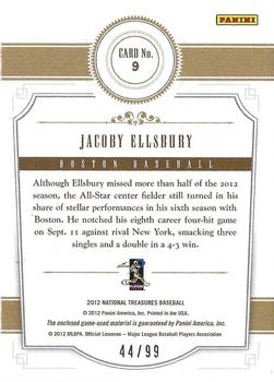 2012 Panini National Treasures - Treasure Materials #9 Jacoby Ellsbury Back
