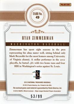2012 Panini National Treasures - Treasure Materials #49 Ryan Zimmerman Back