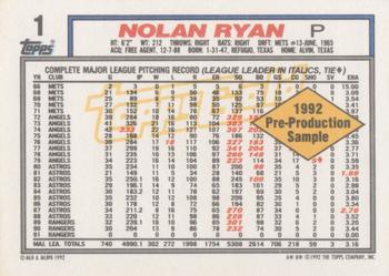 1992 Topps - Pre-Production Samples Gold (Diamond) Panel Singles #1 Nolan Ryan Back