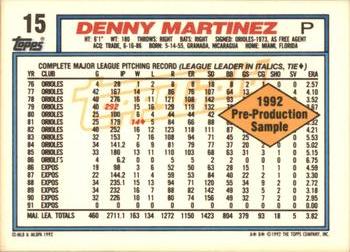 1992 Topps - Pre-Production Samples Gold (Diamond) Panel Singles #15 Denny Martinez Back