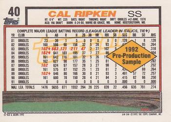 1992 Topps - Pre-Production Samples Gold (Diamond) Panel Singles #40 Cal Ripken Back