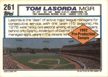 1992 Topps - Pre-Production Samples Gold (Diamond) Panel Singles #261 Tom Lasorda Back
