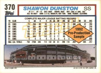 1992 Topps - Pre-Production Samples Gold (Diamond) Panel Singles #370 Shawon Dunston Back