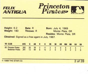 1989 Star Princeton Pirates #2 Felix Antigua Back