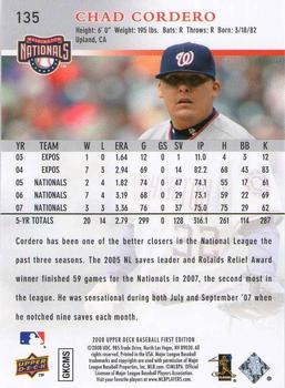 2008 Upper Deck First Edition #135 Chad Cordero Back