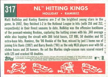 2008 Topps Heritage #317 NL Hitting Kings (Hanley Ramirez / Matt Holliday) Back