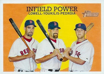 2008 Topps Heritage #392 Infield Power (Mike Lowell / Kevin Youkilis / Dustin Pedroia) Front