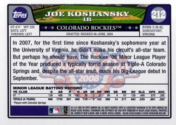 2008 Topps Opening Day #212 Joe Koshansky Back