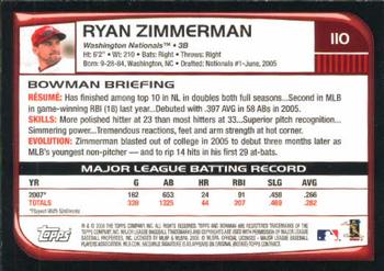 2008 Bowman #110 Ryan Zimmerman Back