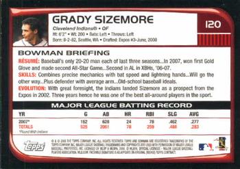 2008 Bowman #120 Grady Sizemore Back