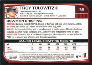 2008 Bowman #138 Troy Tulowitzki Back