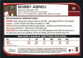 2008 Bowman #13 Bobby Abreu Back