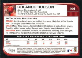 2008 Bowman #144 Orlando Hudson Back