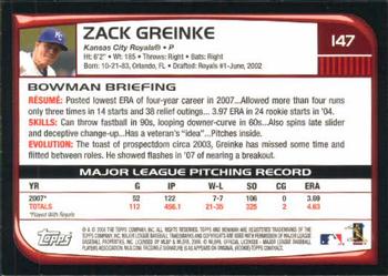 2008 Bowman #147 Zack Greinke Back