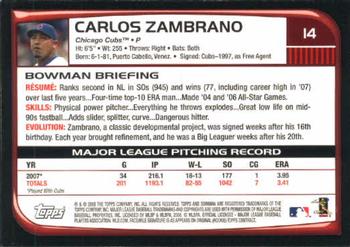 2008 Bowman #14 Carlos Zambrano Back