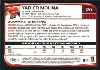 2008 Bowman #170 Yadier Molina Back